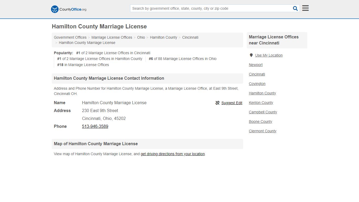 Hamilton County Marriage License - Cincinnati, OH (Address and Phone)